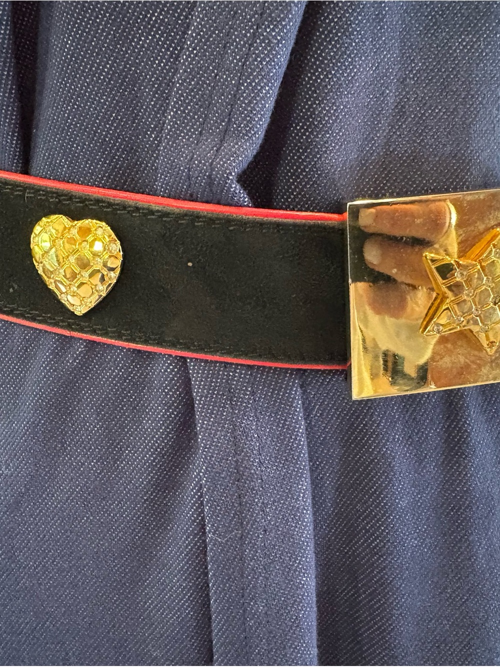 Escada Black Belt with Red Trim and Gold Heart & Star Accents